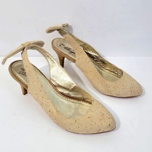 Anthropologie Miss Albright Tan Spackle Linen Slink Back Pump Sz 9M Bow Accent